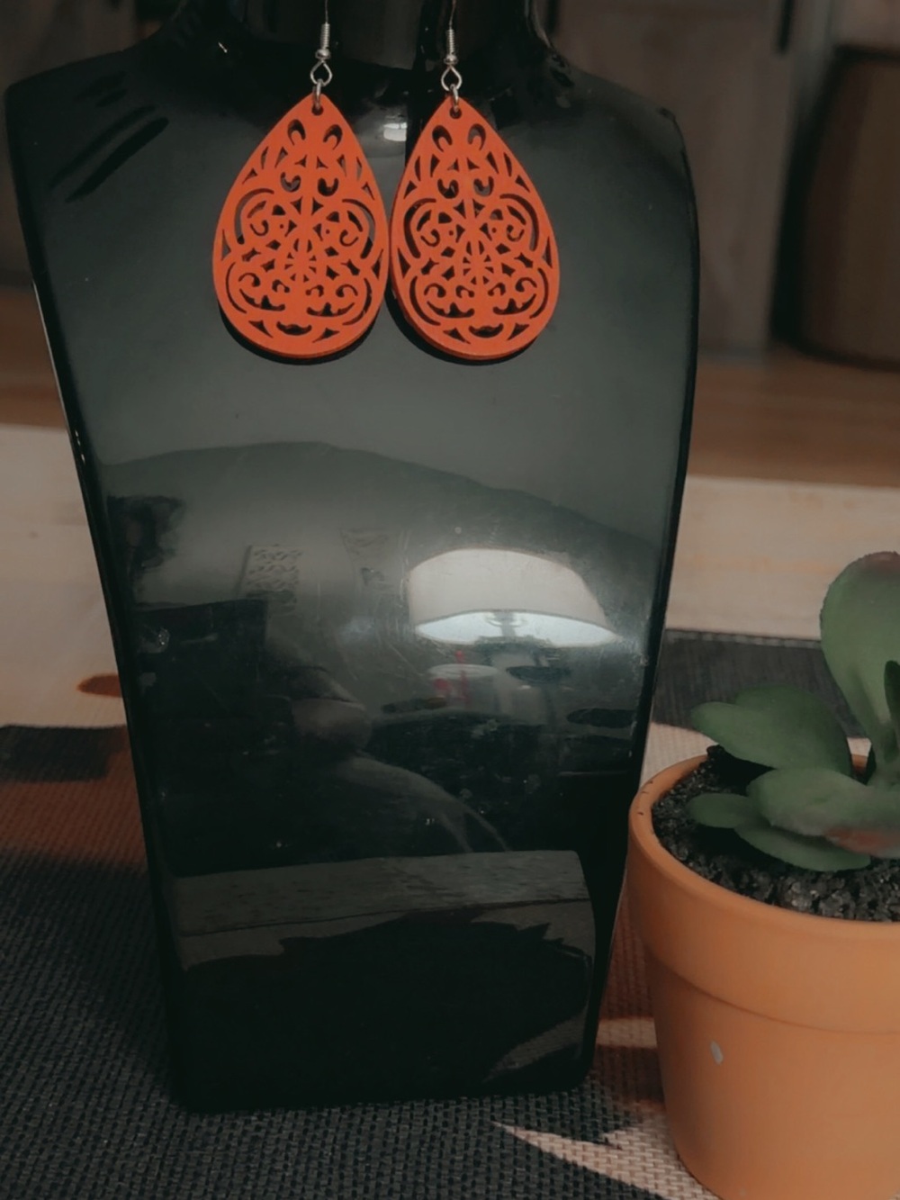 Orange Teardrop Filigree BoHo wooden Earrings - Home Accents Display - Picture 2 of 5